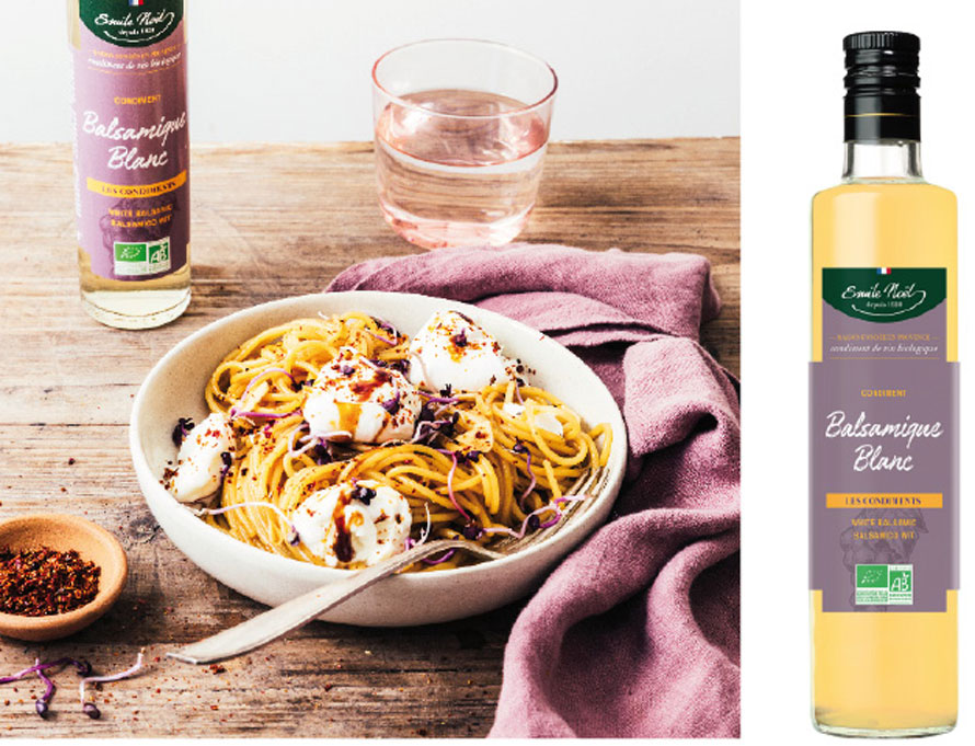 Émile Noël. Spaghettis caramélisés au balsamique et burrata